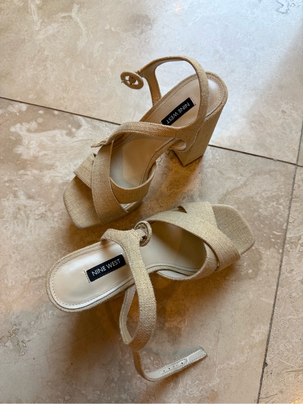 Nine West Tan/Cream Textured Block Heel Sandals - worn once